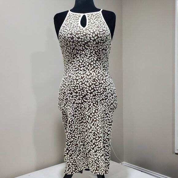 BROWN AND WHITE HALTER NECK SUMMER DRESS ANIMAL PRINT BODYCON SIZE M - Picture 1 of 6
